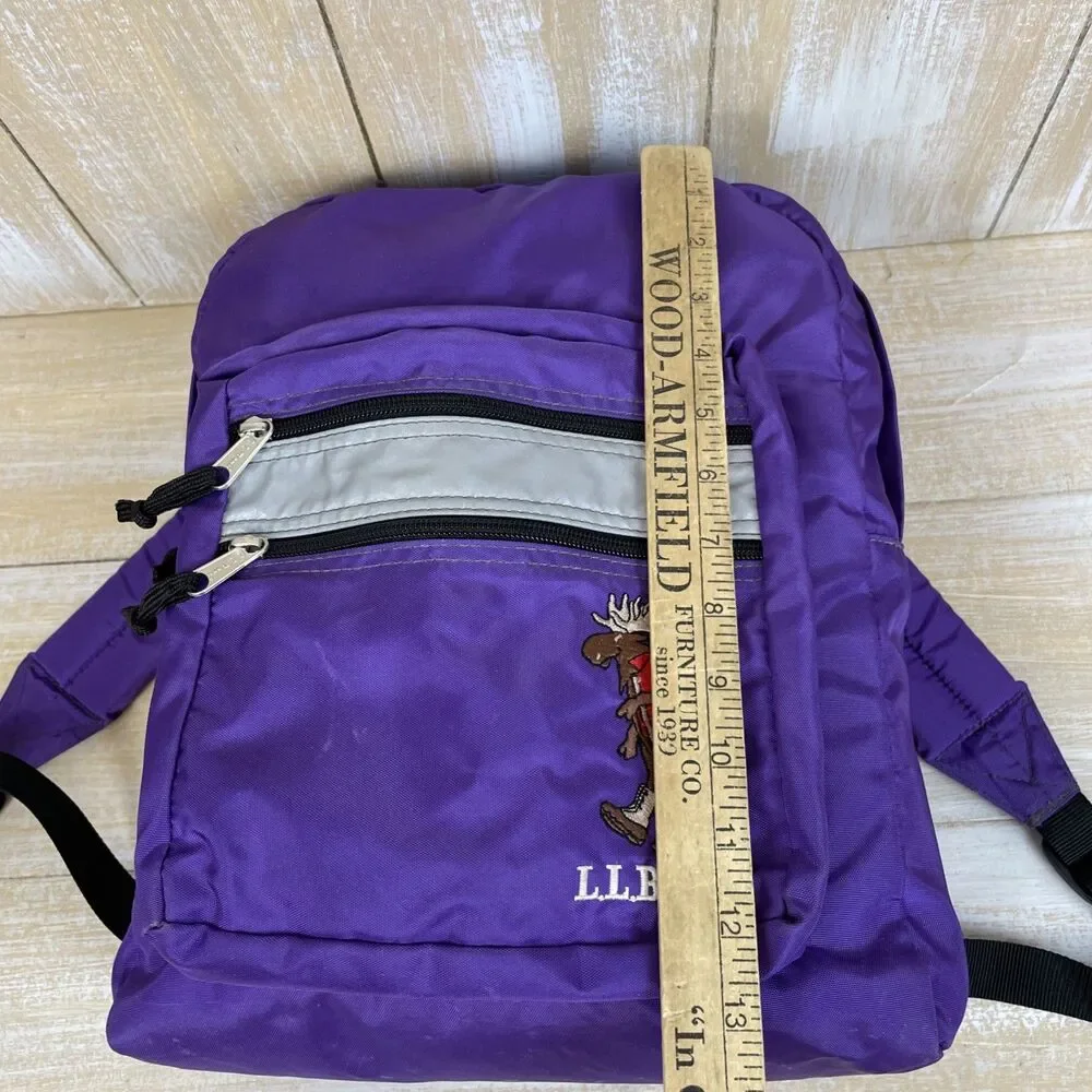 Vintage 90’s LL Bean Youth Backpack Purple w/Embroidered Moose Reflective Strip